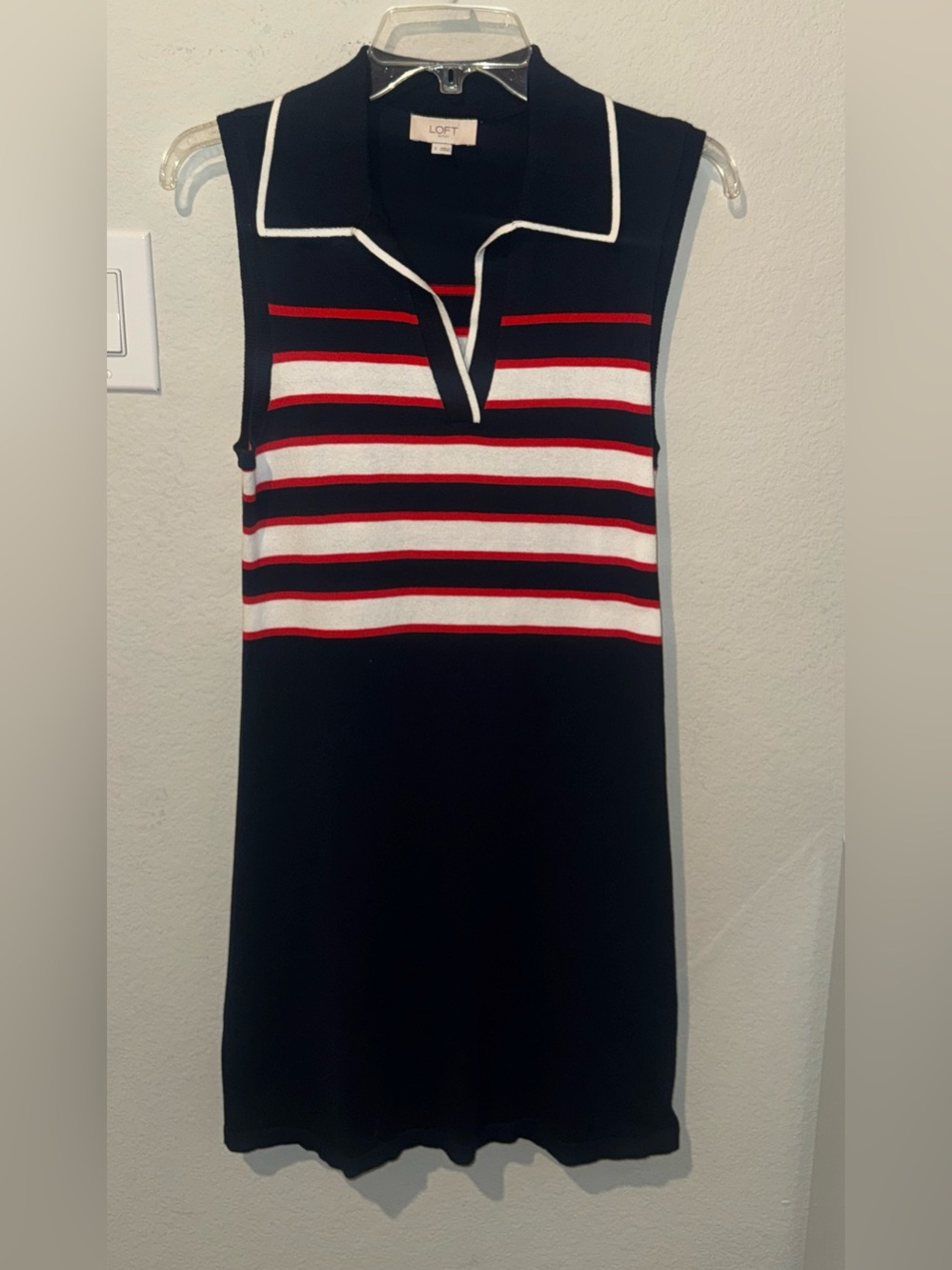 LOFT Navy Sleeveless Polo Midi Dress with Red & White Stripes